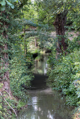 Little bridge across the little creek in the green countryside