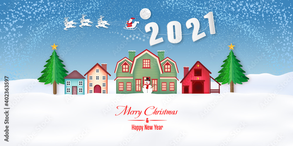 Paper art, cut and digital craft style of Santa Claus on Sleigh and Reindeer with snowman in the merry christmas night and happy new year 2021 as holiday and x'mas day concept. vector illustration. Paper art, cut and digital craft style of Santa Claus on Sleigh and Reindeer with snowman in the merry christmas night and happy new year 2021 as holiday and x'mas day concept. vector illustration.