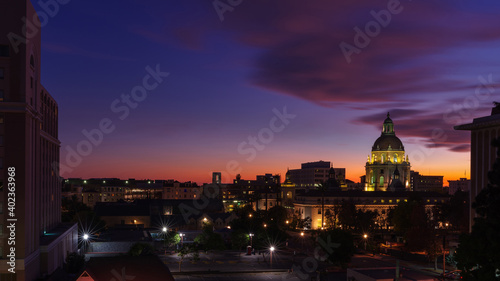 Image at dusk looking south showing the Pasadena City Hall and other buildings around the civic center.