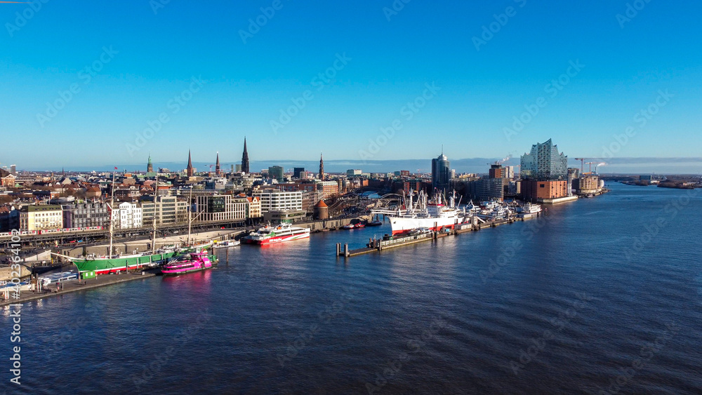 Hamburg harbour on a sunny day - aerial view - travel photography