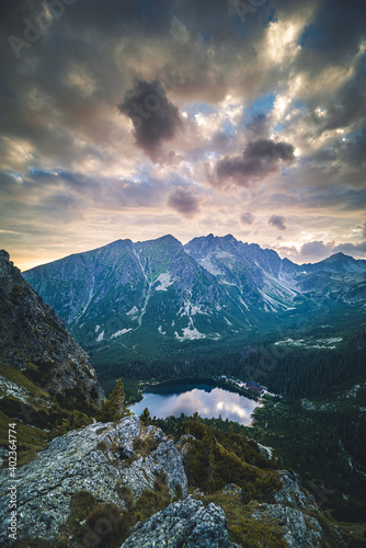 Sunset panorama in High Tatras mountains national park. Mountain popradske la...