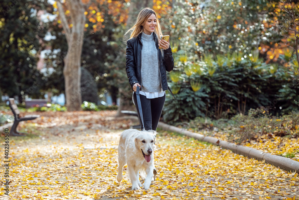 Attractive young woman walking with her lovely golden retriever dog while using her smart phone in the park in autumn. Attractive young woman walking with her lovely golden retriever dog while using her smart phone in the park in autumn.