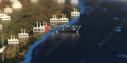 Canvas Print Sydney city and factory icons on the map, industrial production related 3D rende