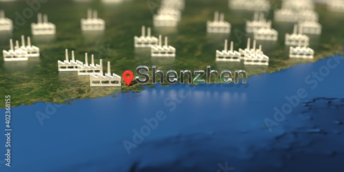 Factory icons near Shenzhen city on the map, industrial production related 3D rendering