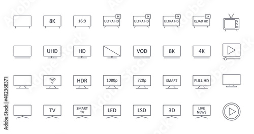 Vector TV icons. Editable stroke. Ultra HD 8K 5K 4K 2K television. LED LCD display screen Full HD. Retro TV play video SMART 16: 9 diagonal 3D signal