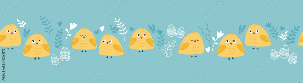 Seamless blue pattern border with Easter and spring elements: flowers, chicks, birds, eggs Seamless blue pattern border with Easter and spring elements: flowers, chicks, birds, eggs