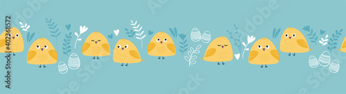 Seamless blue pattern border with Easter and spring elements:  flowers, chick...
