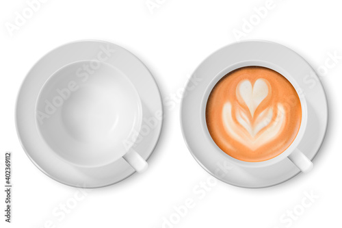 Vector 3d Realistic White Porcelain Ceramic Mug. Milk Coffee, Foam, Flower, Heart Pattern Set Isolated on White. Capuccino, Latte. Stock Vector Illustration. Design Template, Mockup. Front, Top View