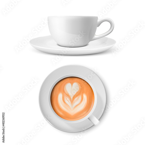 Vector 3d Realistic White Porcelain Ceramic Mug. Milk Coffee, Foam, Flower, Heart Pattern Set Isolated on White. Capuccino, Latte. Stock Vector Illustration. Design Template, Mockup. Front, Top View