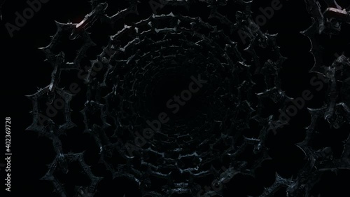 Spiky Metal Chain VJ Loop is a motion graphics clip featuring demonic chains with spikes and hell glow. This video is perfect for VJ thematic sets, metal and gothic festivals, Halloween rave parties