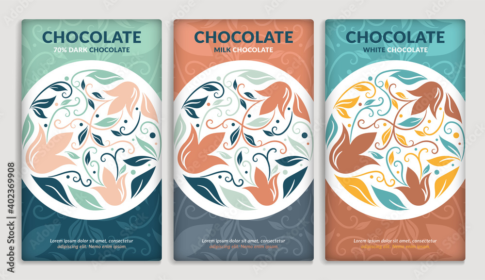 Colorful packaging design of chocolate bars. Vintage vector ornament template. Elegant, classic elements. Great for food, drink and other package types. Can be used for background and wallpaper.