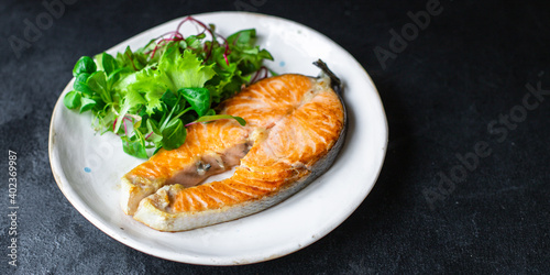 fresh salmon fried fish in a plate grilled seafood omega ready to eat on the table for healthy meal snack outdoor top view copy space food background rustic image pescetarian diet
