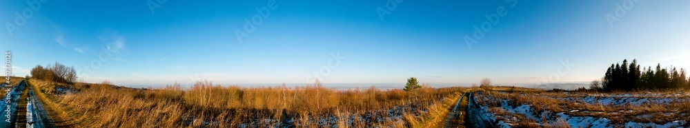panorama of winter meadow, forest and clear sky in the mountains panorama of winter meadow, forest and clear sky in the mountains