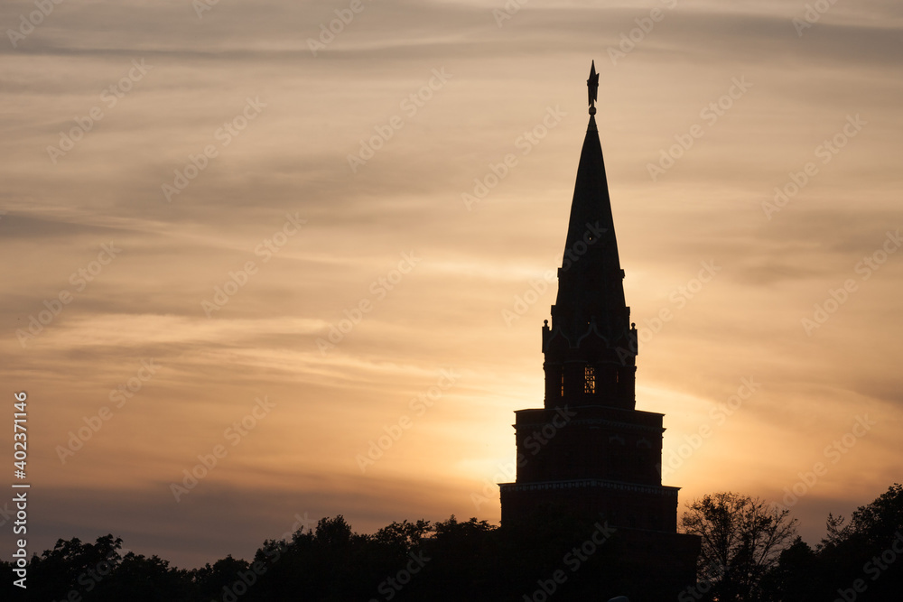 The silhouette of the tower at sunset in Moscow. Russia