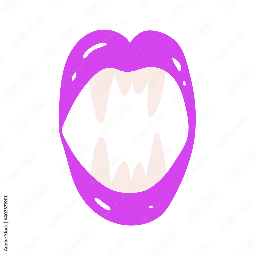 Cute purple lips with teeth bared and visible vampire fangs. Vector illustration. Cute purple lips with teeth bared and visible vampire fangs. Vector illustration.