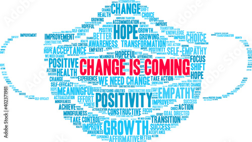 Change is Coming word cloud on a white background. 