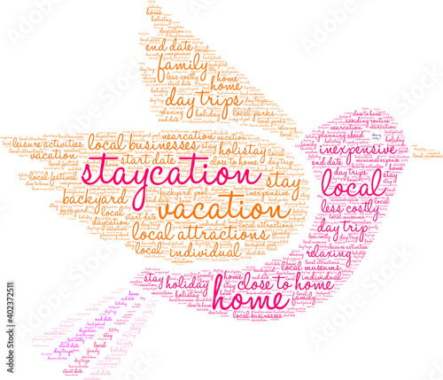Staycation Word Cloud on a white background. 