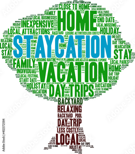 Staycation Word Cloud on a white background. 