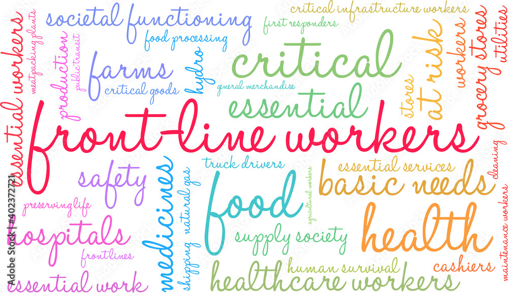 Front Line Workers Word Cloud on a white background. 