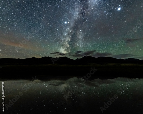 Galactic Core, Jupiter, and Saturn over a pond