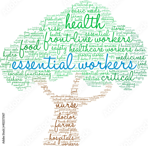 Essential Workers Word Cloud on a white background. 