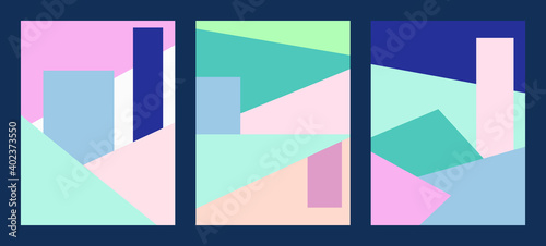 Abstract set of backgrounds, for cards, posters, templates and covers. Design with geometric multicolored shapes in random order.