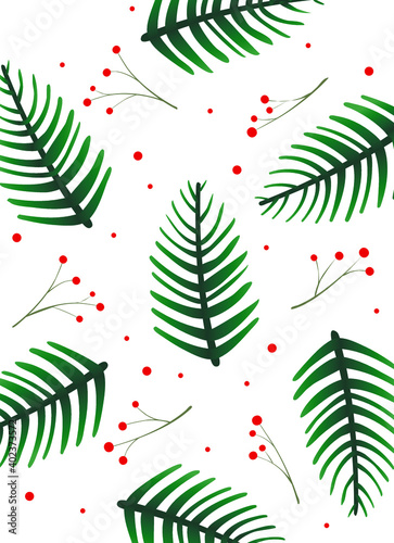 Happy winter holidays.
Festive vector design with Christmas tree branches and red berries. Fashion print, cover, template, postcard.