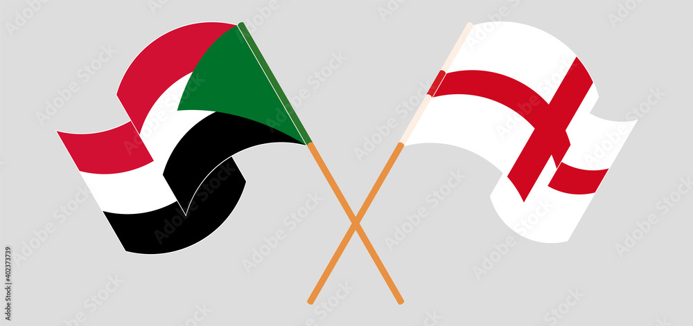 Crossed and waving flags of the Sudan and England Crossed and waving flags of the Sudan and England