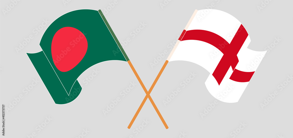 Crossed and waving flags of Bangladesh and England Crossed and waving flags of Bangladesh and England