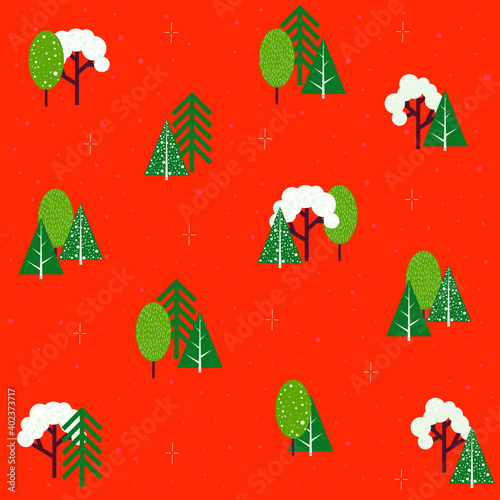 Merry Christmas and Happy New Year. Vector abstract winter design for postcard, template, poster with winter trees, snow and sparkles on red background.