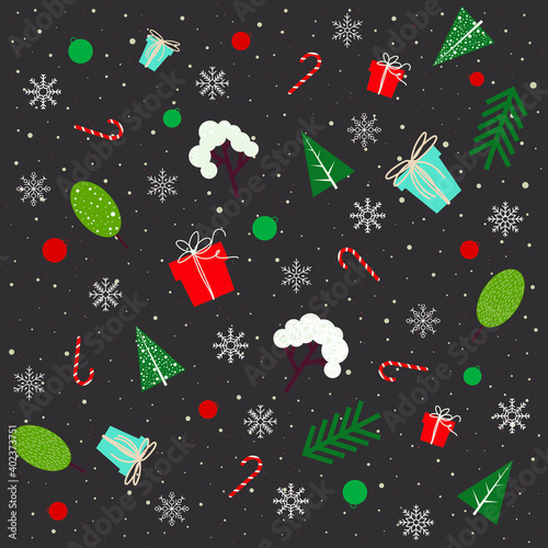 Merry Christmas and Happy New Year. Vector abstract winter design for postcard, template, poster with winter trees, gifts, Christmas decorations, sweets, snowflakes and sparkles on a dark background.