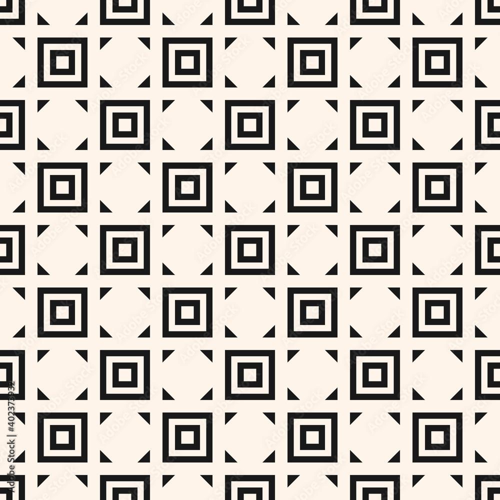 Vector geometric seamless pattern with squares, triangles, tiles. Abstract black and white texture. Stylish minimal monochrome ornament background. Simple repeat design for decor, wallpaper, print Vector geometric seamless pattern with squares, triangles, tiles. Abstract black and white texture. Stylish minimal monochrome ornament background. Simple repeat design for decor, wallpaper, print
