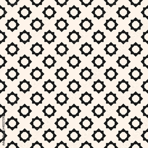 Abstract geometric floral seamless pattern. Vector black and white background. Simple geometric ornament. Monochrome graphic texture with small flower shapes, diamonds, sun. Repeat design for print