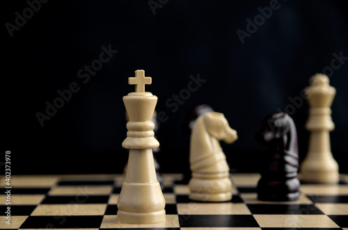 Chess Game Close-up of King in Foreground and Blurred Knights in Background
