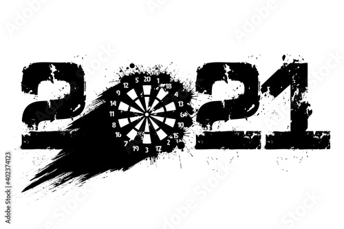 Abstract numbers 2021 and a dartboard made of blots in grunge style. 2020 New Year on an isolated background. Design pattern. Vector illustration
