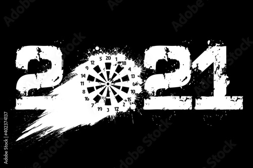Abstract numbers 2021 and a dartboard made of blots in grunge style. 2020 New Year on an isolated background. Design pattern. Vector illustration