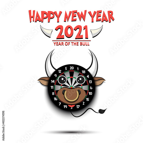 Happy New year. 2021 year of the bull. Cute muzzle bull in the form of a dartboard. Dartboard made in the form of a cow. Greeting card design template with for 2021 new year. Vector illustration