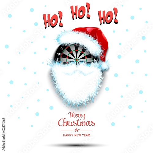 Merry Christmas and Happy New Year. Santa in the form of a dartboard. Dartboard with beard and santa hat. Greeting card design template with for new year. Vector illustration