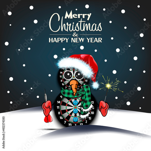 Merry Christmas and happy new year. Snowman from dartboards with broom and sparklers on an isolated background. Design pattern for banner, poster, greeting card, invitation. Vector illustration