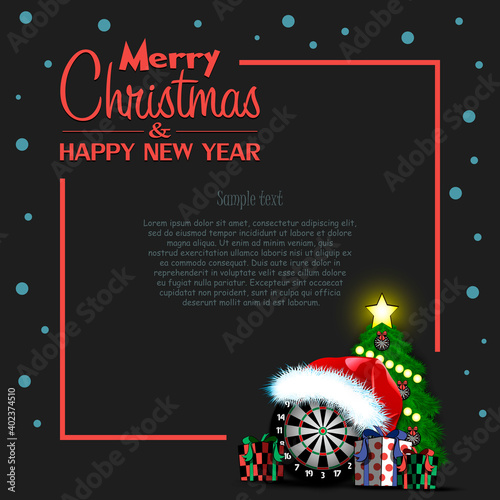 Merry Christmas and Happy New Year. Frame with dartboard, Christmas tree and gift boxes. Greeting card design template with for new year. Vector illustration