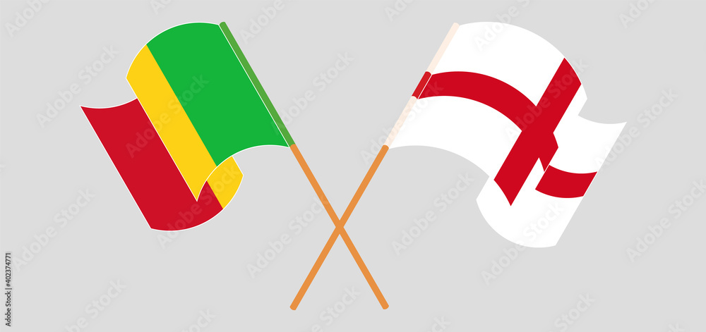 Crossed and waving flags of Mali and England Crossed and waving flags of Mali and England