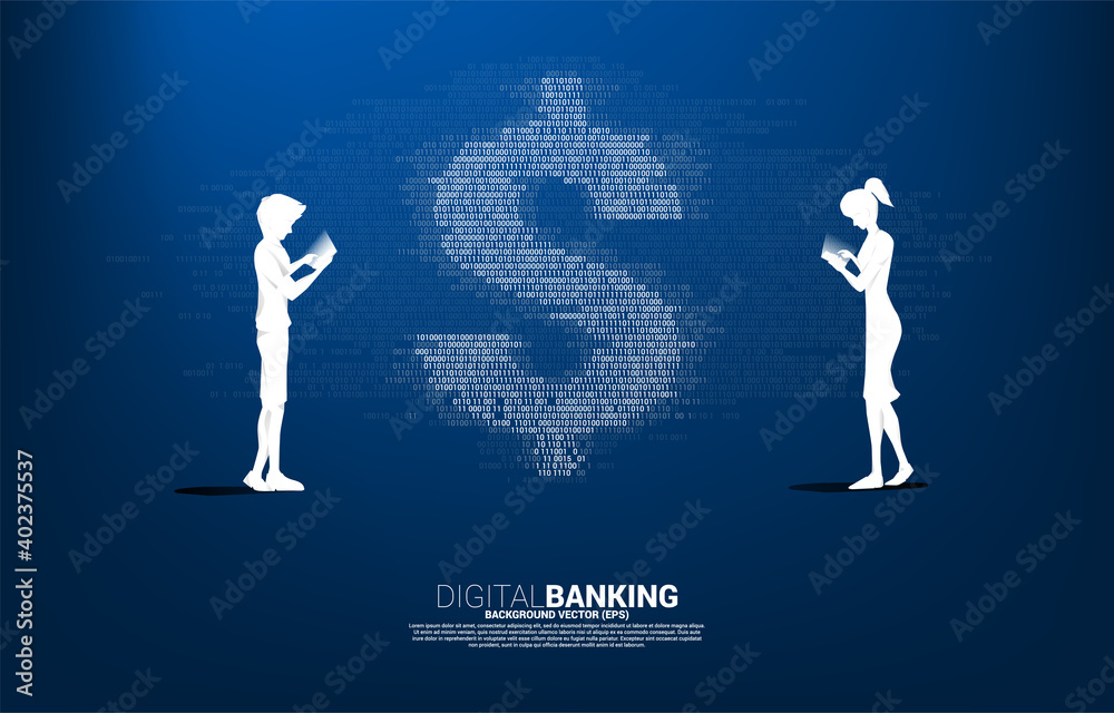 Silhouette of man and woman using mobile phone and money dollar currency with one and zero binary code digit matrix style. Background Concept for electronic money and digital banking