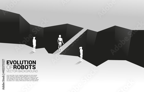 Businessman and robot in front of valley and the robot with the bridge. Business concept for machine learning and a.i artificial intelligence.human vs. robot.