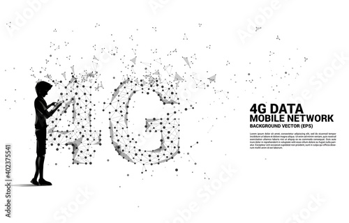 Silhouette of man using mobile phone with Polygon dot connect line shaped 4G mobile network. Concept for mobile phone data sim card technology.