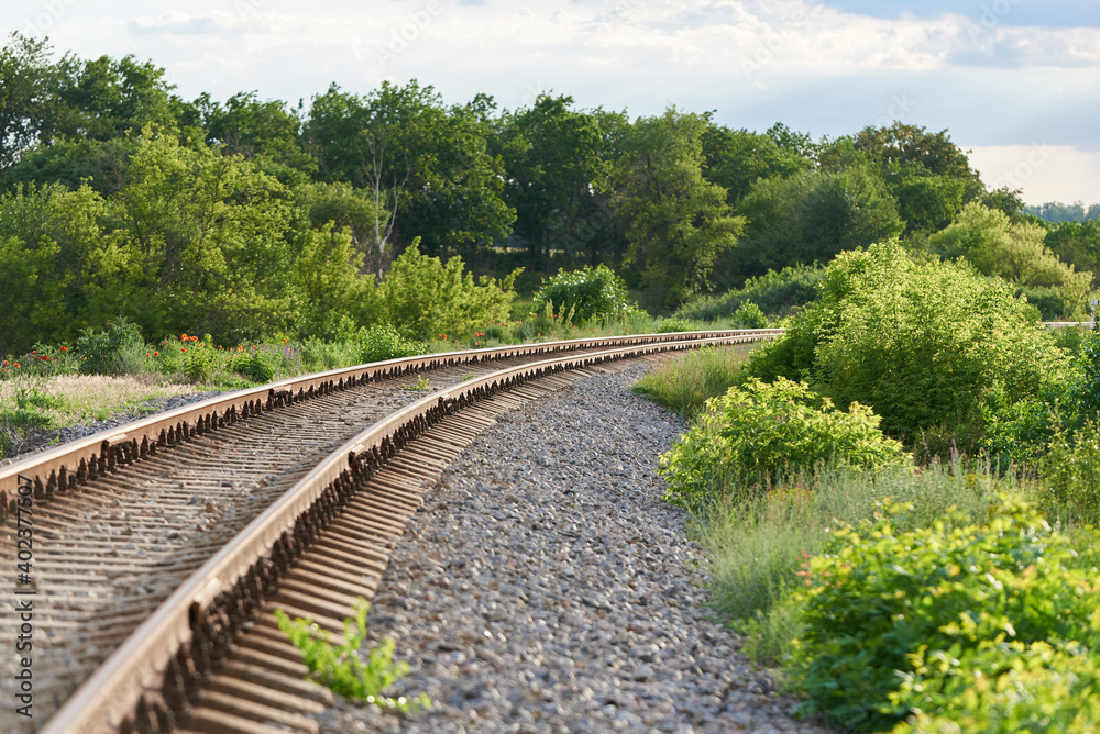 Fototapeta premium Railroad turns among the green trees in the summer