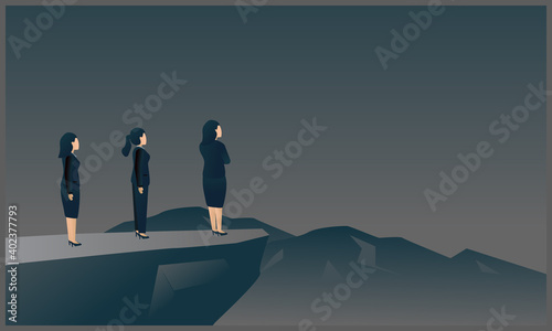 vector illustration of three women business standing on a mountain 