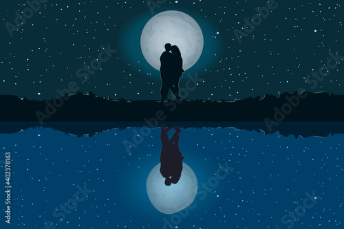Silhouette of loving couple. Lovers at night on beautiful landscape with reflection. Full moon in starry sky. Moonlit night. Valentines Day. Happy Lovers. For card or poster. Stock vector illustration