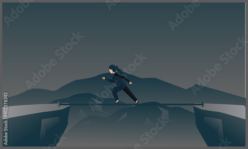 vector illustration of women business running on tightrope on the mountain,