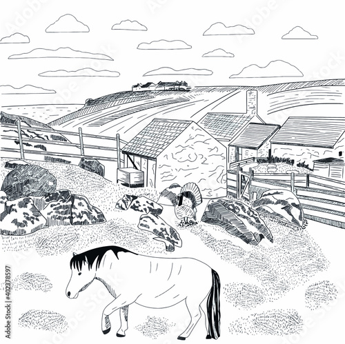 hand drawn sketch of English village with pony, landscape, farm