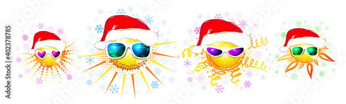 The sun in santa claus hats. Set of suns. Family look. T-shirt print. Vector illustration